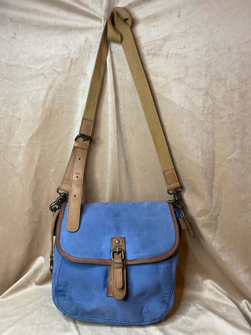 L.L.Bean Heritage Canvas Crossbody Bag Blue with Leather Trim